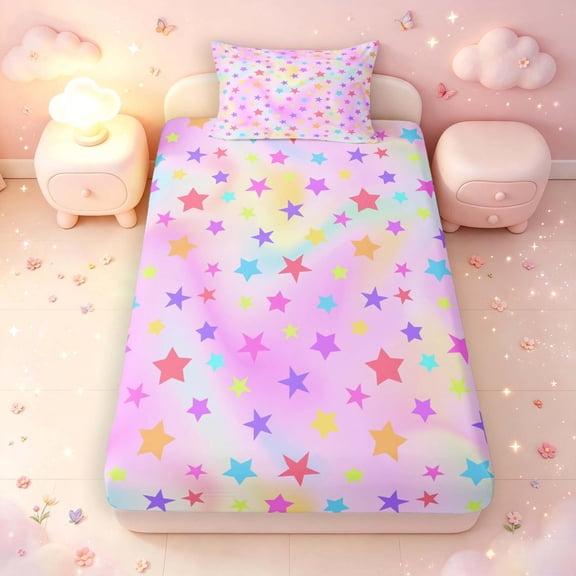 Manfei Watercolor Stars Fitted Sheet Queen,Girls Friendly Style Bedding,Pink,3pcs