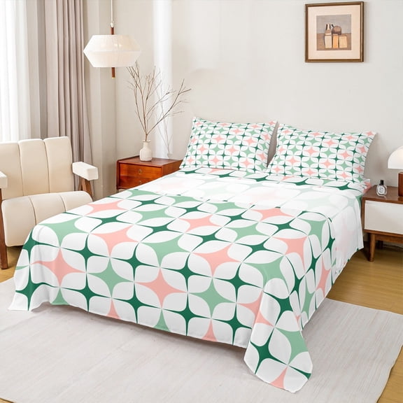 Manfei Colorful Stars Full Size Sheets 4-Piece, Modern Geometric Art Bed Sheets, Abstract White Green Pink Sheet Sets, Lightweight Room Decor