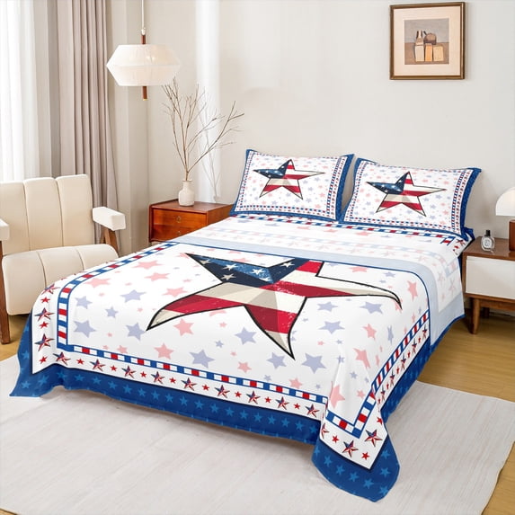 Manfei Colorful Stars Pattern Twin Sheet Sets,American Texas Stars Twin Fitted Sheet,White Red Blue Flat Sheet For Boys Kids,Luxury Bedroom Decor,3-Piece