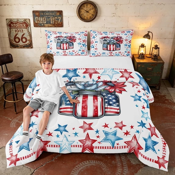 Manfei Colorful Stars Queen Comforter Set, American Flag Comforter Sets Queen, Red White Blue, Black Reversible 3 Pieces, 1 Comforter and 2 Pillowcases