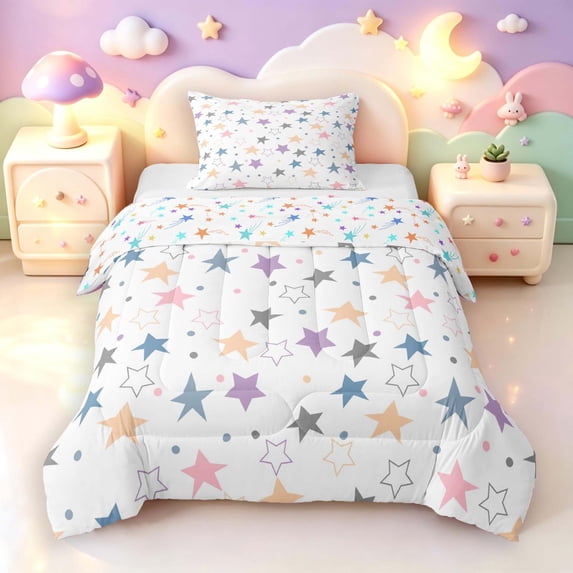 Manfei Colorful Stars Twin Comforter Sets,Cute Cartoon Themed Bedding Set,White,Colorful Stars Reversible,2pcs,1 Comforter and 1 Pillowcase