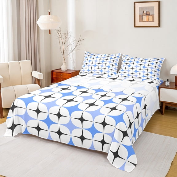 Manfei Colorful Stars Twin Sheet Sets 3pcs, Modern Geometric Art Twin Fitted Sheet, Abstract White Blue Black Flat Sheet, Ultra Soft Home Decor