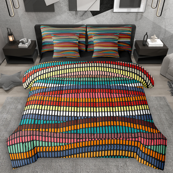 Manfei Colorful Stripes Twin Bedding Sets 7pcs, Contemporary Abstract Bedding Comforter Set, Wave Lines Sheet Sets, Ultra Soft Home Decor