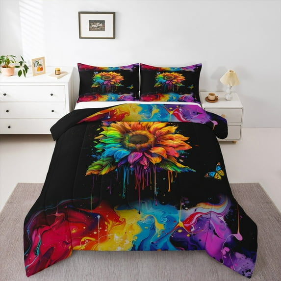 Manfei Colorful Sunflower Bedding Comforter Set,Watercolor Splash Ink Twin Comforter Sets,Modern Aesthetic Art Bedding Set For Children,Breathable Home Decor Reversible,2 Pieces