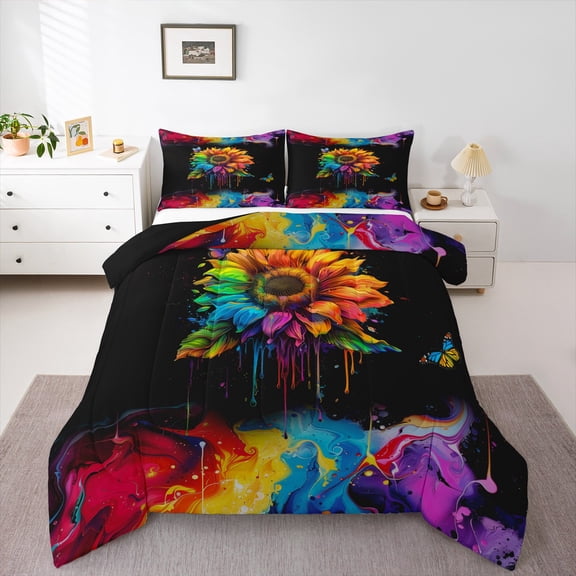 Manfei Colorful Sunflower Queen Comforter Set,Watercolor Splash Ink Bedding Sets,Modern Aesthetic Art Bedding Comforter Set For Children,Breathable Home Decor Reversible,3-Piece