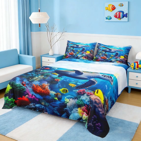 Manfei Colorful Underwater Sea Turtle Full Size Sheets for Kids Boys and Girls, Ocean Marine Life Print Bed Sheets 4 Pieces, 1 Flat Sheet, 1 Fitted Sheet and 2 Pillowcases