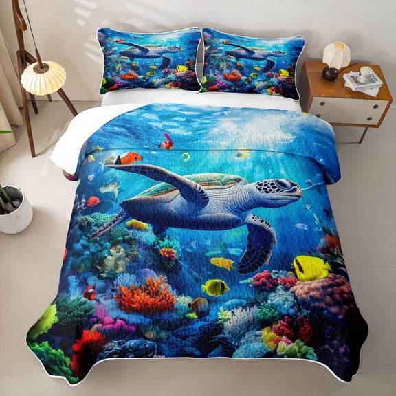 Manfei Colorful Underwater Sea Turtle Quilt Full for Boys and Girls, Ocean Marine Life Print Full Bedspread Sets, 3-Piece