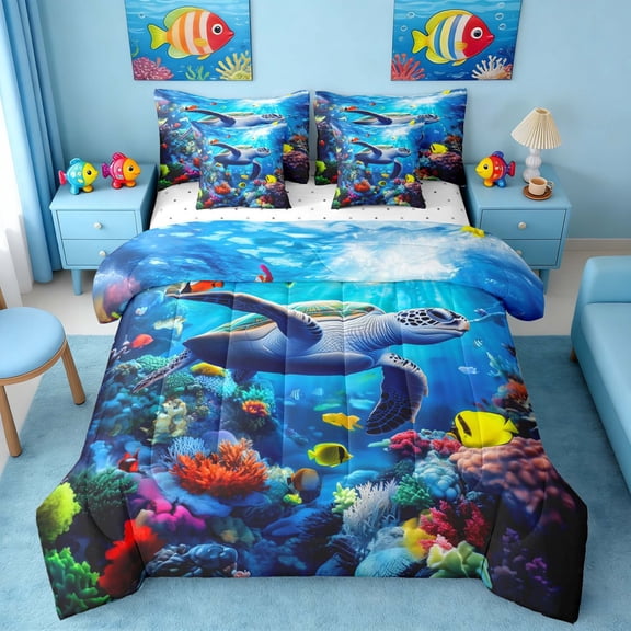 Manfei Colorful Underwater Sea Turtle Twin Bedding Sets for Kids Boys and Girls, Ocean Marine Life Print Bedding Comforter Set, Reversible 7 Pieces