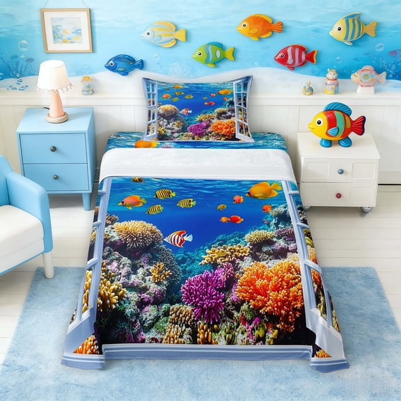 Manfei Colorful Underwater World Twin Sheet Sets for Kids Boys and Girls, Marine Life Print Bedding 3 Pieces, 1 Flat Sheet, 1 Fitted Sheet and 1 Pillowcase