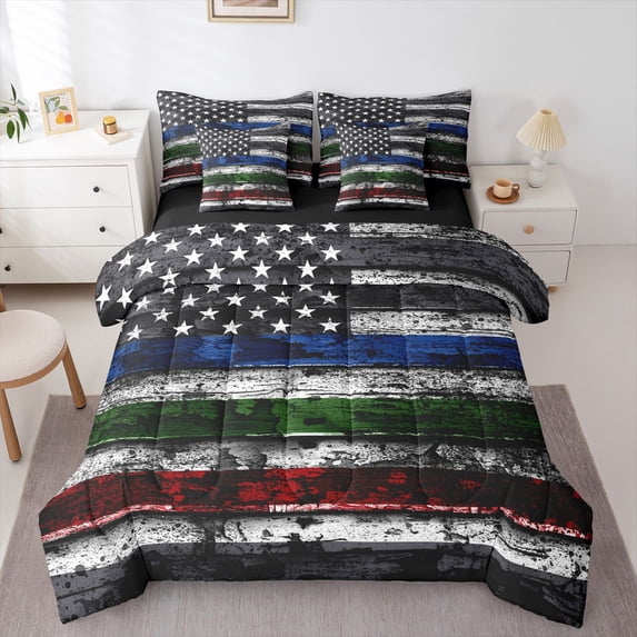 Manfei Colorful Usa Flag 7-Piece King Bedding,July 4Th Anniversary King Bed in a Bag,Black Reversible