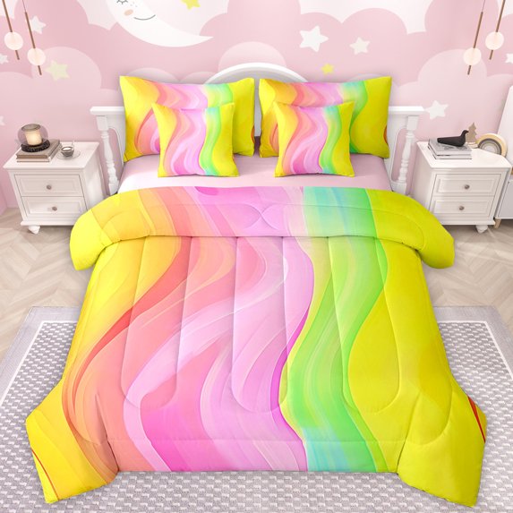 Manfei Colorful Waves Stripe 7-Piece Twin Bedding Sets,Moedern Abstract Geometric Bedding Comforter Set,Multicolor Lines Striped Sheet Sets For Girls,Luxury Bedroom Decor Reversible