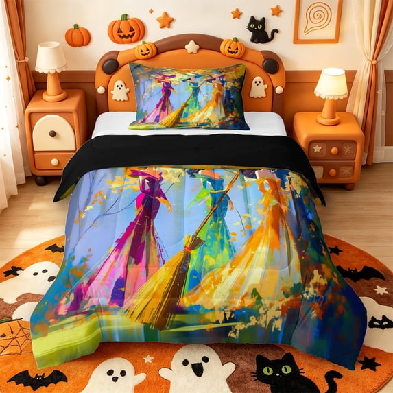Manfei Colorful Witch Halloween Twin Comforter Sets,Hello Fall Bedding Set,Black Reversible,2-Piece,1 Comforter and 1 Pillowcase