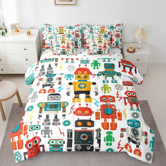 Manfei Colortful Robot 7-Piece Bedding Comforter Set,Kids Toy King Bedding Sets,Modern Abstract Desgin Bed Sheets For Boys Teens,Ultra Soft Home Decor Reversible