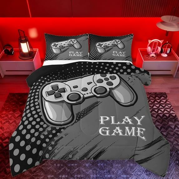 Manfei Console Gamer Queen Comforter Set,Modern Video Game Bedding Sets,Gray Black Bedding Comforter Set For Kids,Super Cozy Room Decor Reversible,3 Pieces