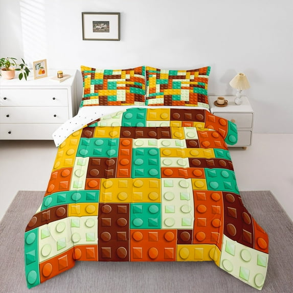 Manfei Construction Game 3 Pieces Queen Comforter Set,Blue Yellow Ultra Soft Bedding Sets,Building Blocks Bedding Comforter Set,Ultra Soft Brick Home Decor,Reversible