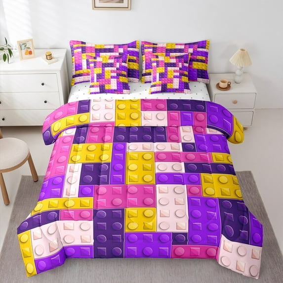Manfei Construction Game 7pcs Bedding Comforter Set,Blue Yellow Queen Bedding Sets Super Cozy,Building Blocks Queen Sheet Sets,Ultra Soft Brick Home Decor,Reversible