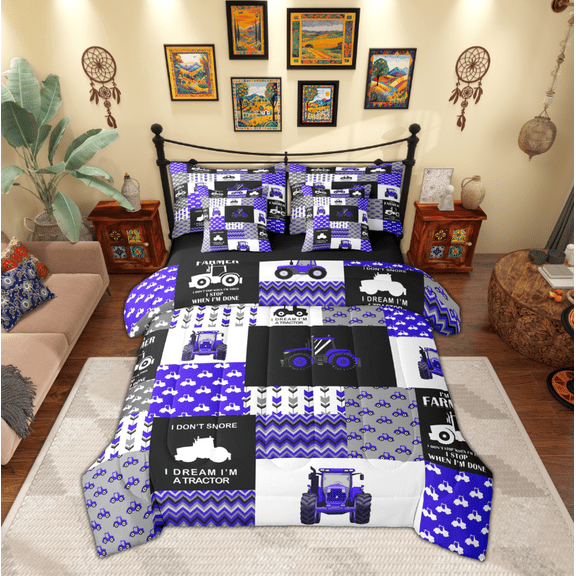 Manfei Construction Tractor 7-Piece Bedding Comforter Set,Equipment Trucks King Bedding Sets,Purple White Gray Black Bed Sheets For Boys Kids,Breathable Home Decor Reversible