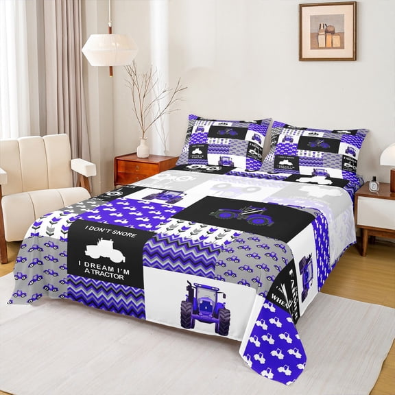 Manfei Construction Tractor Twin Sheet Sets,Equipment Trucks Twin Fitted Sheet,Purple White Gray Black Flat Sheet For Boys Kids,Breathable Home Decor,3pcs