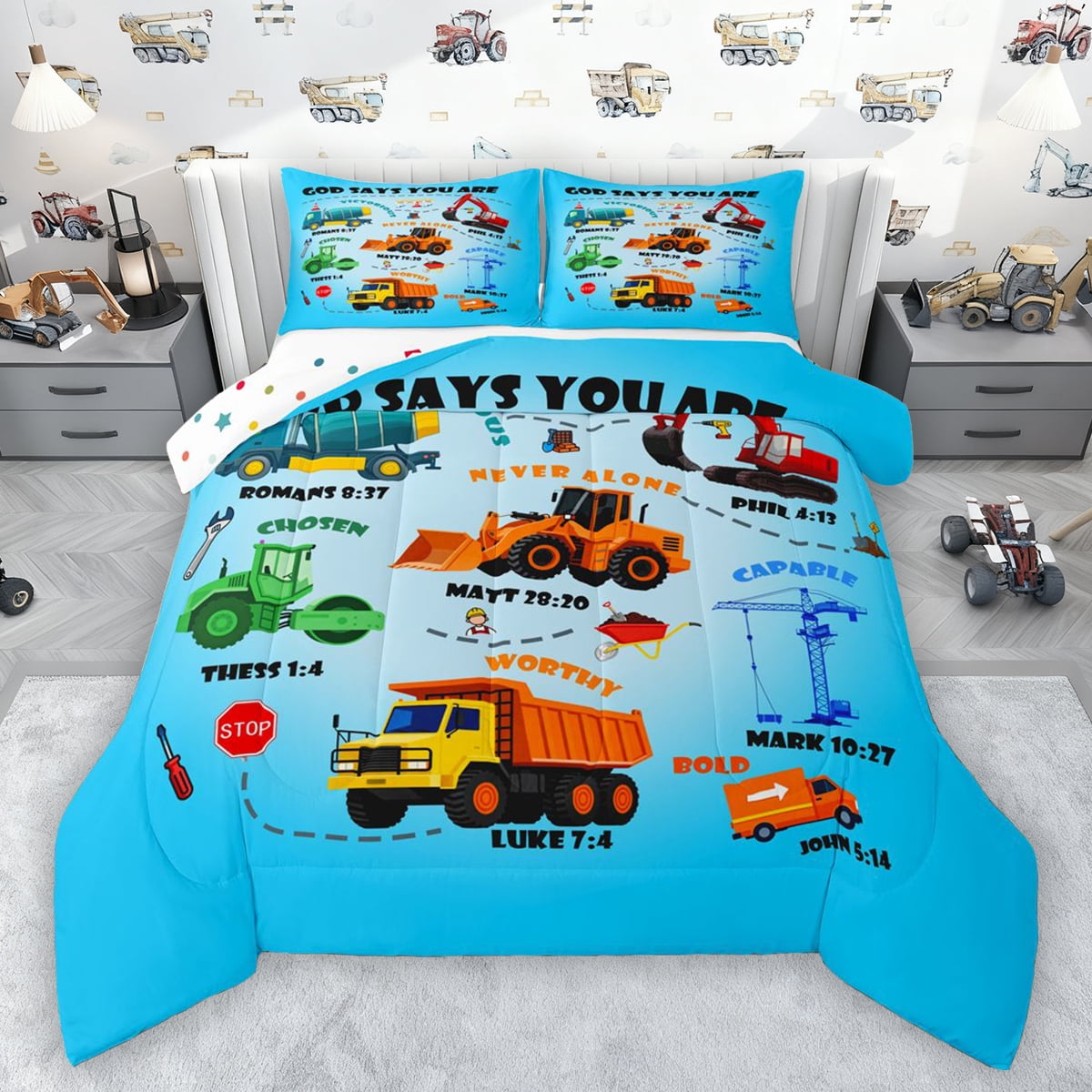 Manfei Construction Truck Bedding Comforter Set,Excavator Twin Comforter Sets,Equipment Vehicles Bulldozer Bedding Set For Boys Teens,Microfiber Bedroom Decor Reversible,2 Pieces