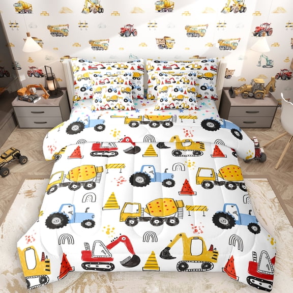 Manfei Construction Truck Boys 7pcs Bedding Comforter Set, Cartoon Tractor Queen Bedding Sets, Vehicle Theme Reversible Queen Sheet Sets, Microfiber Bedroom Decor