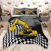 Manfei Construction Truck Boys Bedding Comforter Set, Cartoon Yellow Tractor Twin Comforter Sets, Vehicle Theme Reversible Bedding Set, Luxury Bedroom Decor, 2pcs