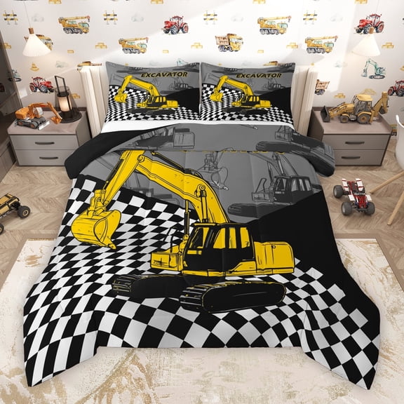 Manfei Construction Truck Boys Bedding Comforter Set, Cartoon Yellow Tractor Twin Comforter Sets, Vehicle Theme Reversible Bedding Set, Luxury Bedroom Decor, 2pcs