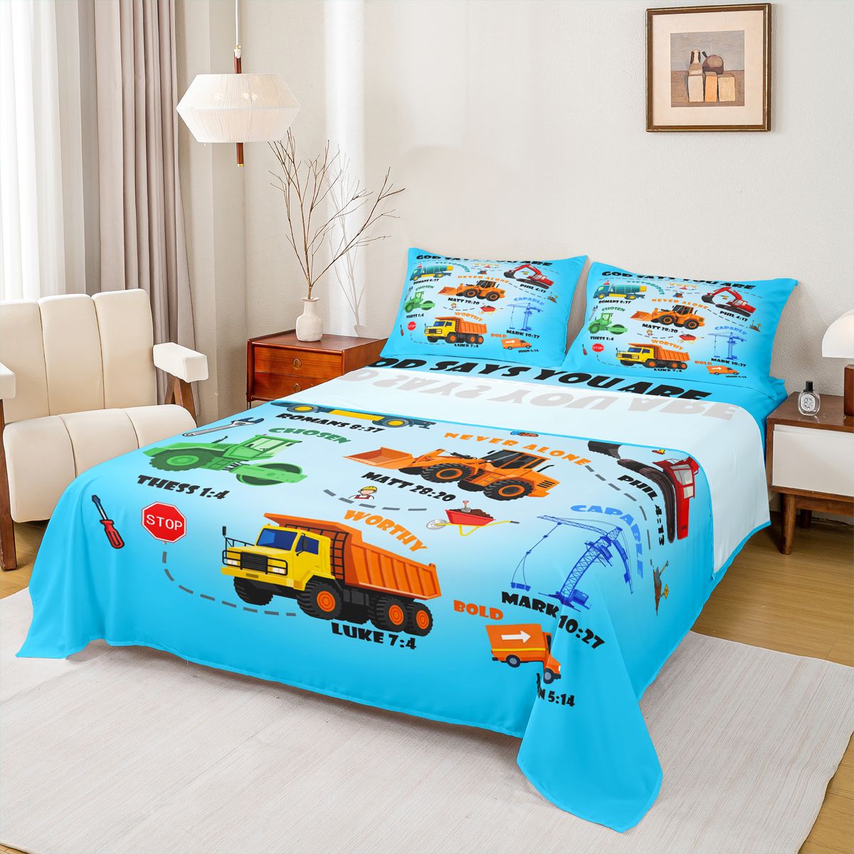 Manfei Construction Truck Queen Sheet Sets,Excavator Flat Sheet,Equipment Vehicles Bulldozer Queen Fitted Sheet For Boys Teens,Microfiber Bedroom Decor,4-Piece