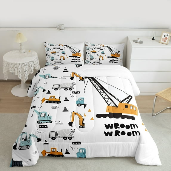 Manfei Construction Truck Teen Full Size Comforter Sets, Cartoon Yellow Car Bedding Comforter Set, Vehicle Theme Bedding Sets, Breathable Home Decor, 3pcs