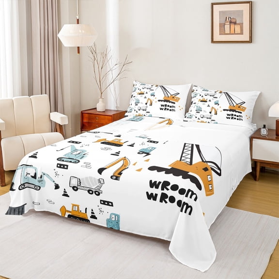 Manfei Construction Truck Teen Twin Sheet Sets, Cartoon Yellow Car Twin Fitted Sheet, Vehicle Theme Flat Sheet, Breathable Home Decor, 3pcs