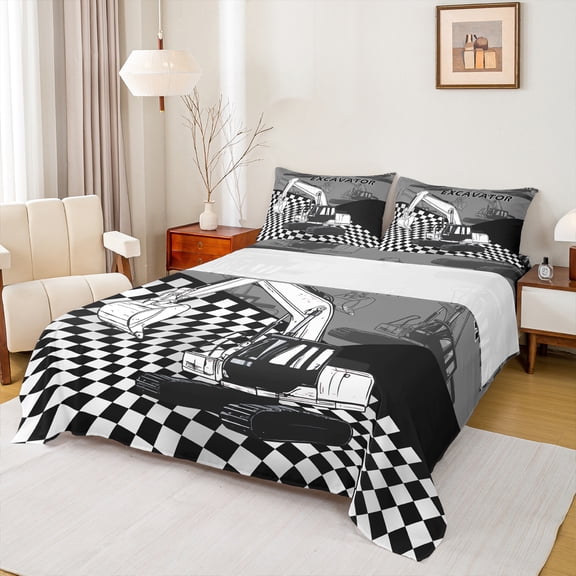 Manfei Construction Truck Vehicle Twin Sheet Sets, Cartoon Plaid Buffalo Twin Fitted Sheet, Kids Boys Teens Flat Sheet, Lightweight Room Decor, 3-Piece