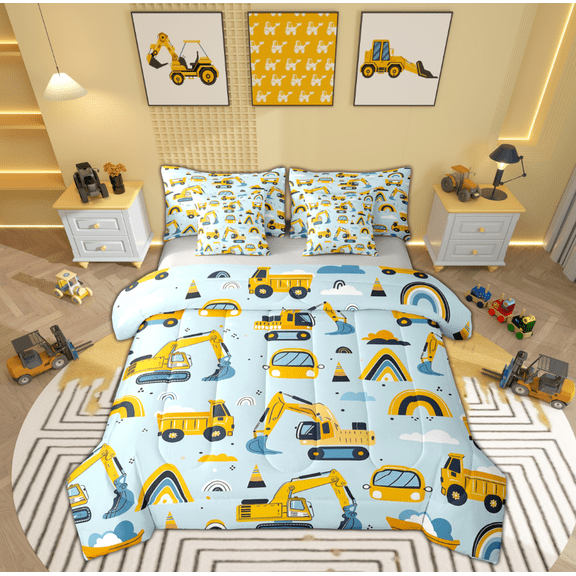 Manfei Construction Vehicle Bedding Comforter Set 7pcs for Boys, Yellow Cartoon Truck Queen Bedding Sets, Rainbow Cloud Reversible Queen Sheet Sets, Ultra Soft Home Decor