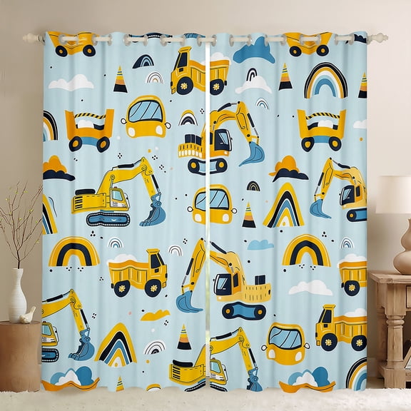 Manfei Construction Vehicle Curtains Pack of 2 (42x84 Each) for Boys, Yellow Cartoon Truck Curtains Blackout, Rainbow Cloud Bedroom Curtains, Living Room Curtains Decor
