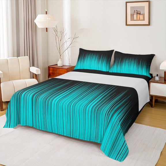 Manfei Contemporary Abstract Bed Sheets 4pcs, Black Cyan King Sheets, Gradient Lines Sheet Set, Super Cozy Room Decor