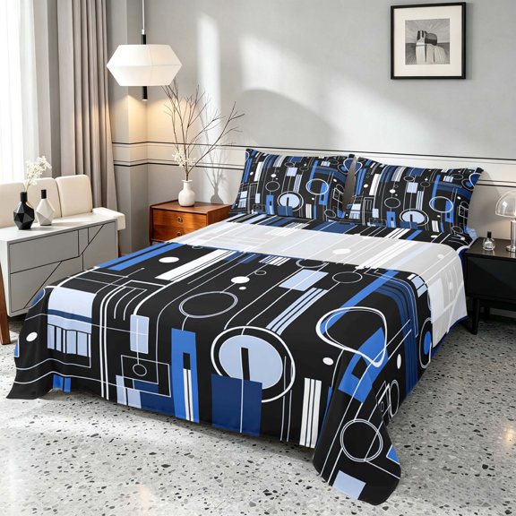 Manfei Contemporary Abstract Bed Sheets, Geometric Circle Rectangle Fuul Size Sheets, Blue and Black, Black Reversible 4 Pieces1 Flat Sheet + 1 Fitted Sheet + 2 Pillowcases