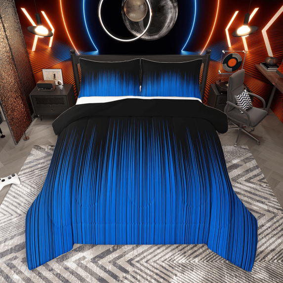 Manfei Contemporary Abstract Bedding Comforter Set 2pcs, Black Blue Twin Comforter Sets, Gradient Lines Bedding Set, Ultra Soft Home Decor