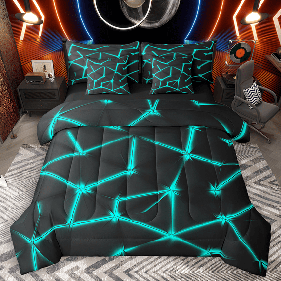 Manfei Contemporary Abstract Bedding Comforter Set 7pcs, Cyan Gradient Line King Bedding Sets, Geometric Modern Bed Sheets, Luxury Bedroom Decor