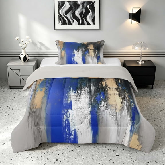Manfei Contemporary Abstract Brush Twin Comforter Sets, Blue Black Gold Ombre Bedding Set, Gray Reversible 2pcs, 1 Comforter and 1 Pillowcase