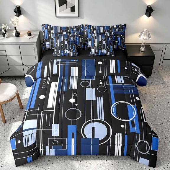 Manfei Contemporary Abstract Full Size Bedding Sets, Geometric Circle Rectangle Full Size Bed in a Bag, Blue and Black, Black Reversible 7-Piece
