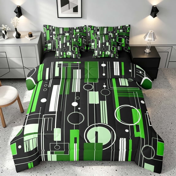 Manfei Contemporary Abstract Queen Bedding, Geometric Circle Rectangle Bedding Comforter Set Queen, Green and Black, Black Reversible 7pcs