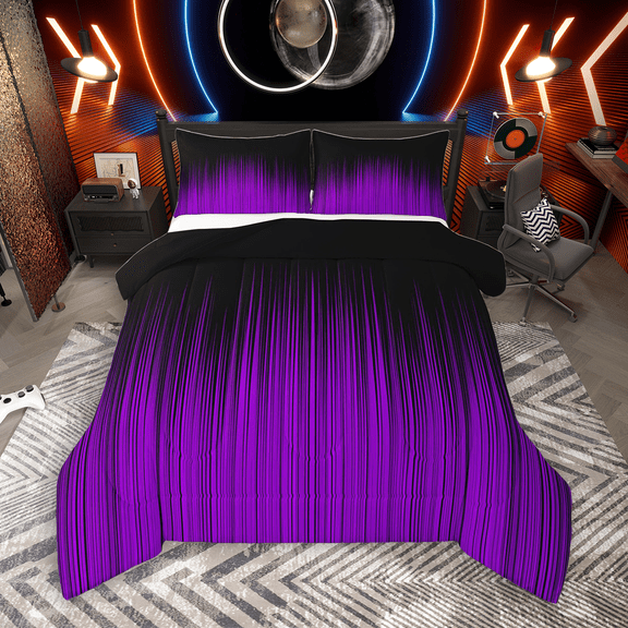 Manfei Contemporary Abstract Queen Comforter Set 3 Pieces, Black Purple Bedding Sets, Gradient Lines Bedding Comforter Set, Luxury Bedroom Decor