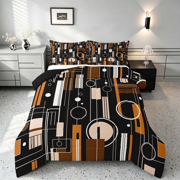 Manfei Contemporary Abstract Queen Comforter Set, Geometric Circle Rectangle Comforter Sets Queen, Brown and Black, Black Reversible 3pcs, 1 Comforter and 2 Pillowcases