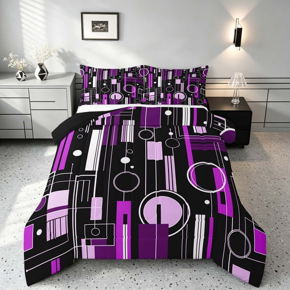 Manfei Contemporary Abstract Queen Comforter Set, Geometric Circle Rectangle Comforter Sets Queen, Purple and Black, Black Reversible 3pcs, 1 Comforter and 2 Pillowcases