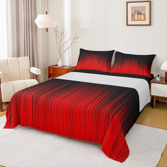 Manfei Contemporary Abstract Queen Sheet Sets 4 Pieces, Black Red Flat Sheet, Gradient Lines Queen Fitted Sheet, Breathable Home Decor
