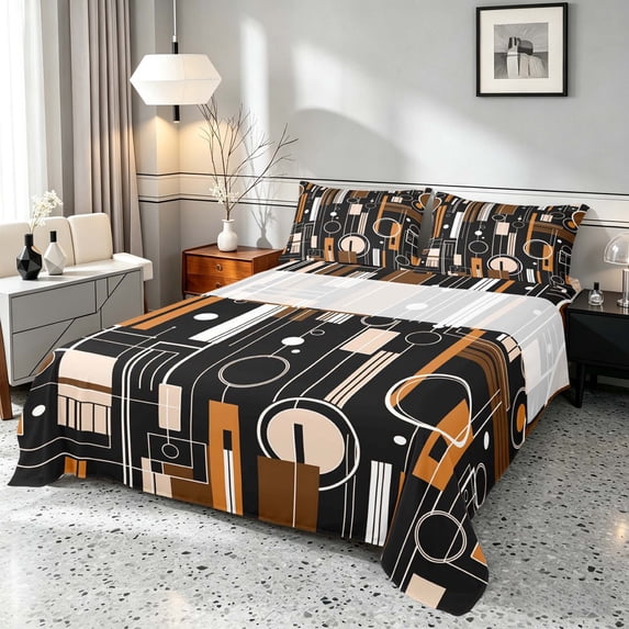 Manfei Contemporary Abstract Queen Sheets, Geometric Circle Rectangle Queen Sheet Sets, Brown and Black, Black Reversible 4pcs1 Flat Sheet + 1 Fitted Sheet + 2 Pillowcases