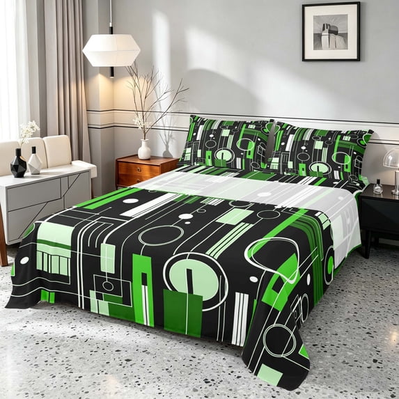 Manfei Contemporary Abstract Queen Sheets, Geometric Circle Rectangle Queen Sheet Sets, Green and Black, Black Reversible 4-Piece1 Flat Sheet + 1 Fitted Sheet + 2 Pillowcases