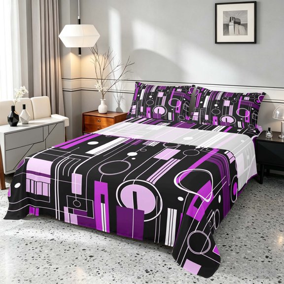 Manfei Contemporary Abstract Queen Sheets, Geometric Circle Rectangle Queen Sheet Sets, Purple and Black, Black Reversible 4pcs1 Flat Sheet + 1 Fitted Sheet + 2 Pillowcases