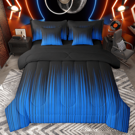 Manfei Contemporary Abstract Twin Bedding Sets 7pcs, Black Blue Bedding Comforter Set, Gradient Lines Sheet Sets, Ultra Soft Home Decor