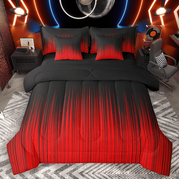 Manfei Contemporary Abstract Twin Bedding Sets 7pcs, Black Red Bedding Comforter Set, Gradient Lines Sheet Sets, Breathable Home Decor