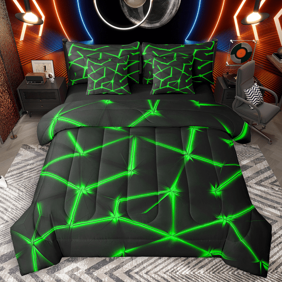 Manfei Contemporary Abstract Twin Bedding Sets 7pcs, Green Gradient Line Bedding Comforter Set, Geometric Modern Sheet Sets, Lightweight Room Decor