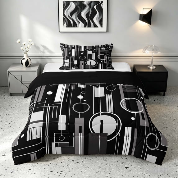 Manfei Contemporary Abstract Twin Comforter Sets, Geometric Circle Rectangle Bedding Set, Gray and Black, Black Reversible 2pcs, 1 Comforter and 1 Pillowcase